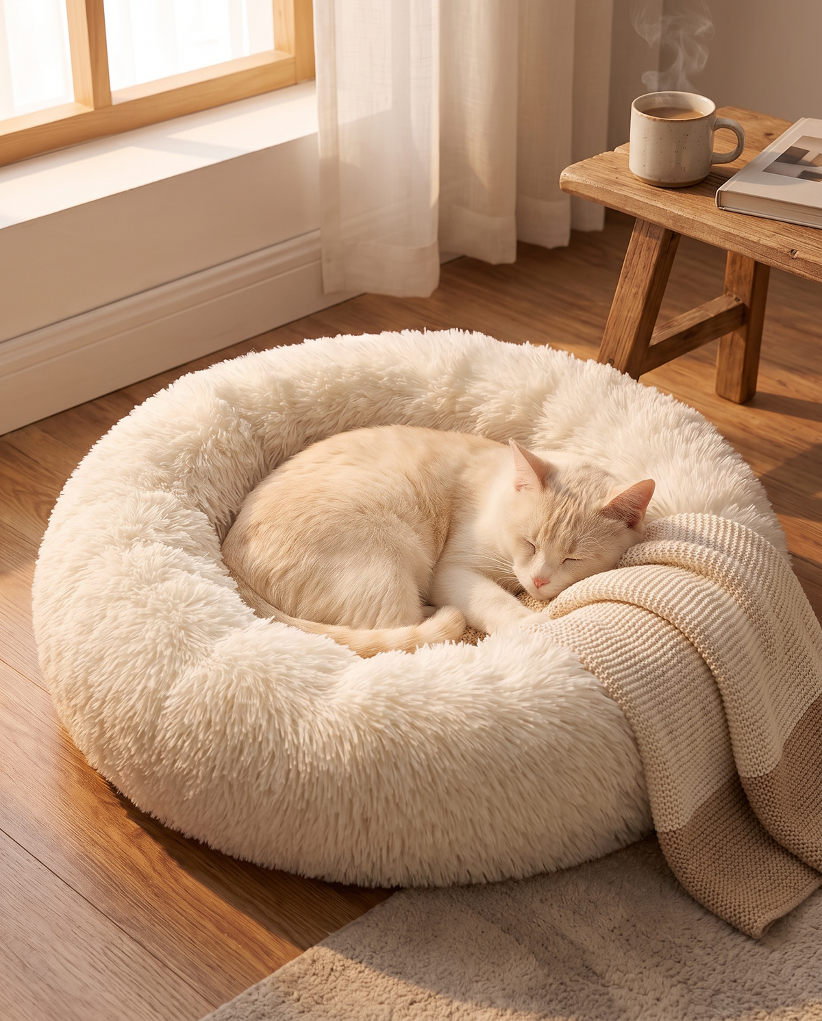 Kedilerin uyku ve dinlenmesi için yuvarlak peluş kedi yatağı