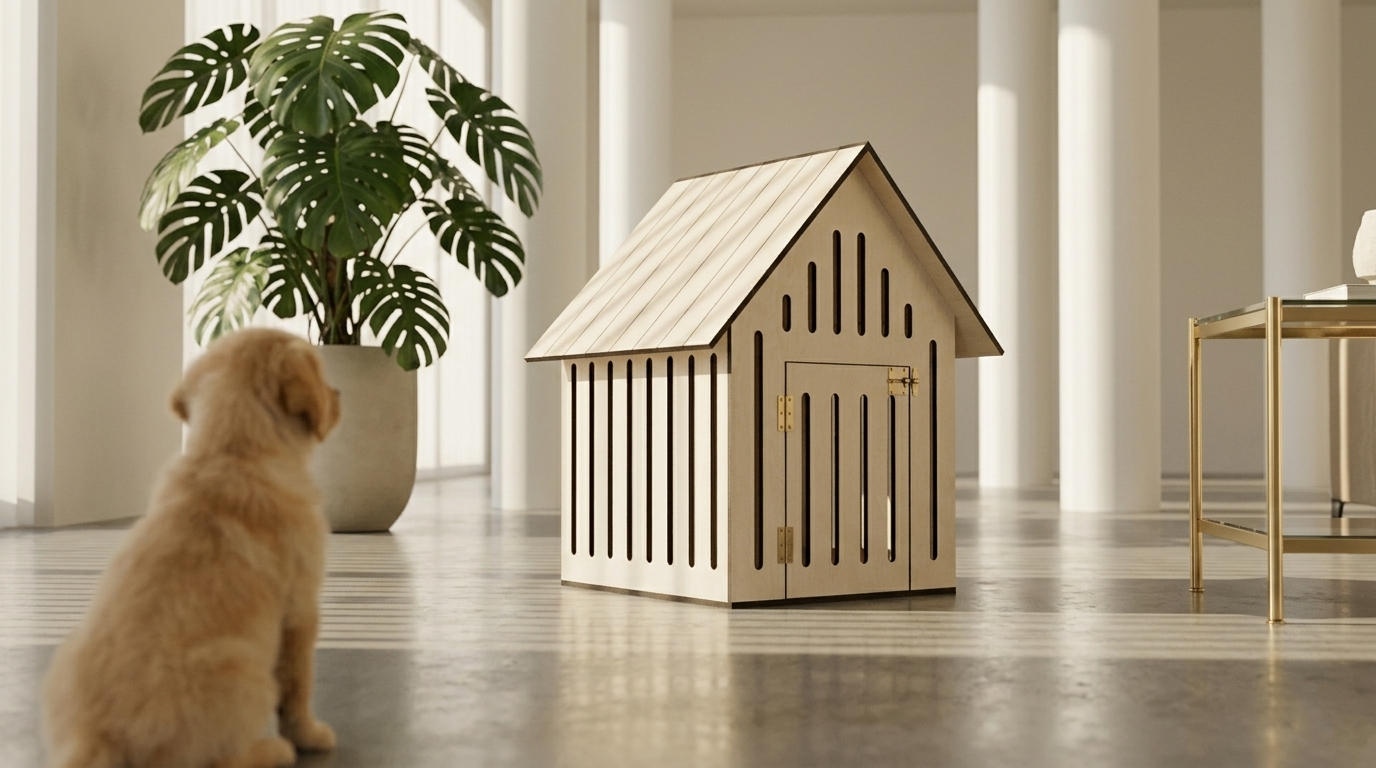 Minimalist Ahşap Köpek Evi | Modern İç Mekan Pet House, Minderli, Huş Kontrplak