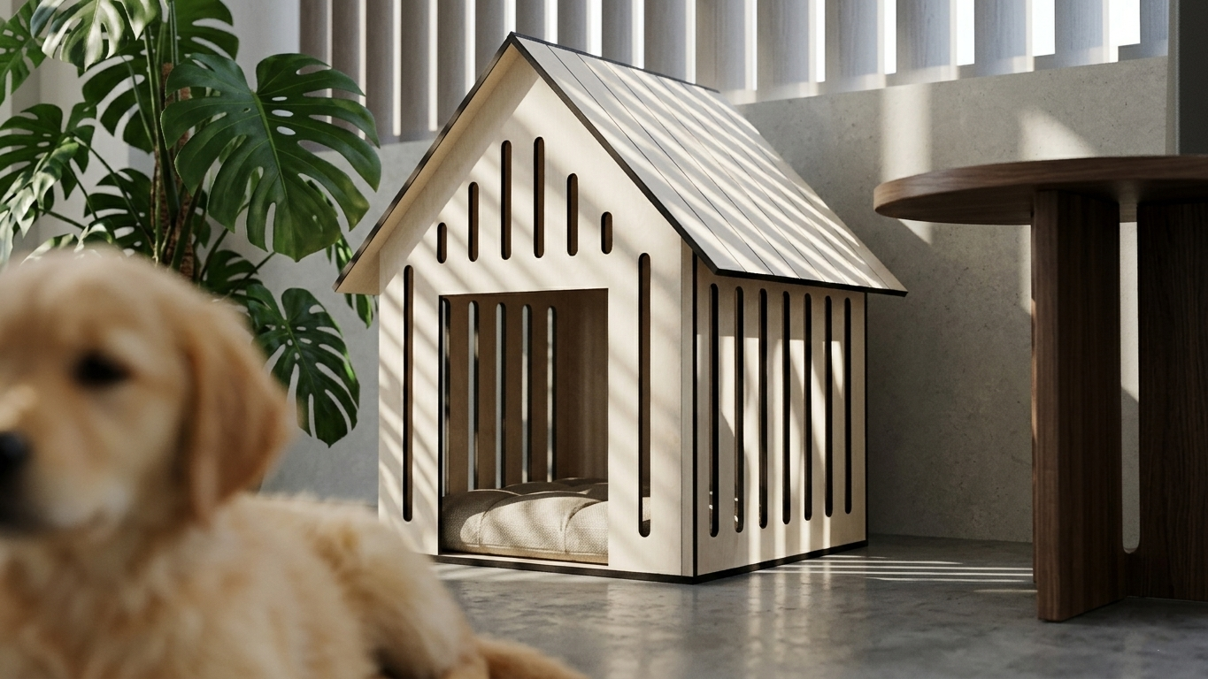 Ahşap Köpek Kulübesi (Indoor) – Minderli, Huş Kontrplak, Modern Tasarım Pet Evi