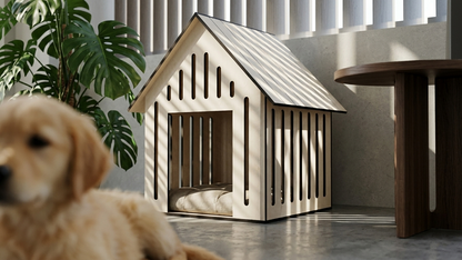 Ahşap Köpek Kulübesi (Indoor) – Minderli, Huş Kontrplak, Modern Tasarım Pet Evi