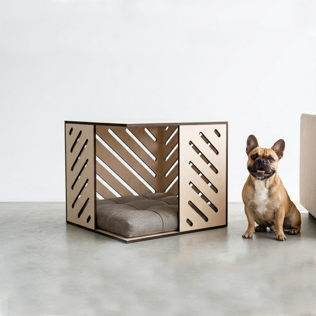 Modern Huş Kontrplak Kedi & Köpek Evi – Minderli, İç Mekan Pet Kulübesi, Minimal Ahşap Tasarım