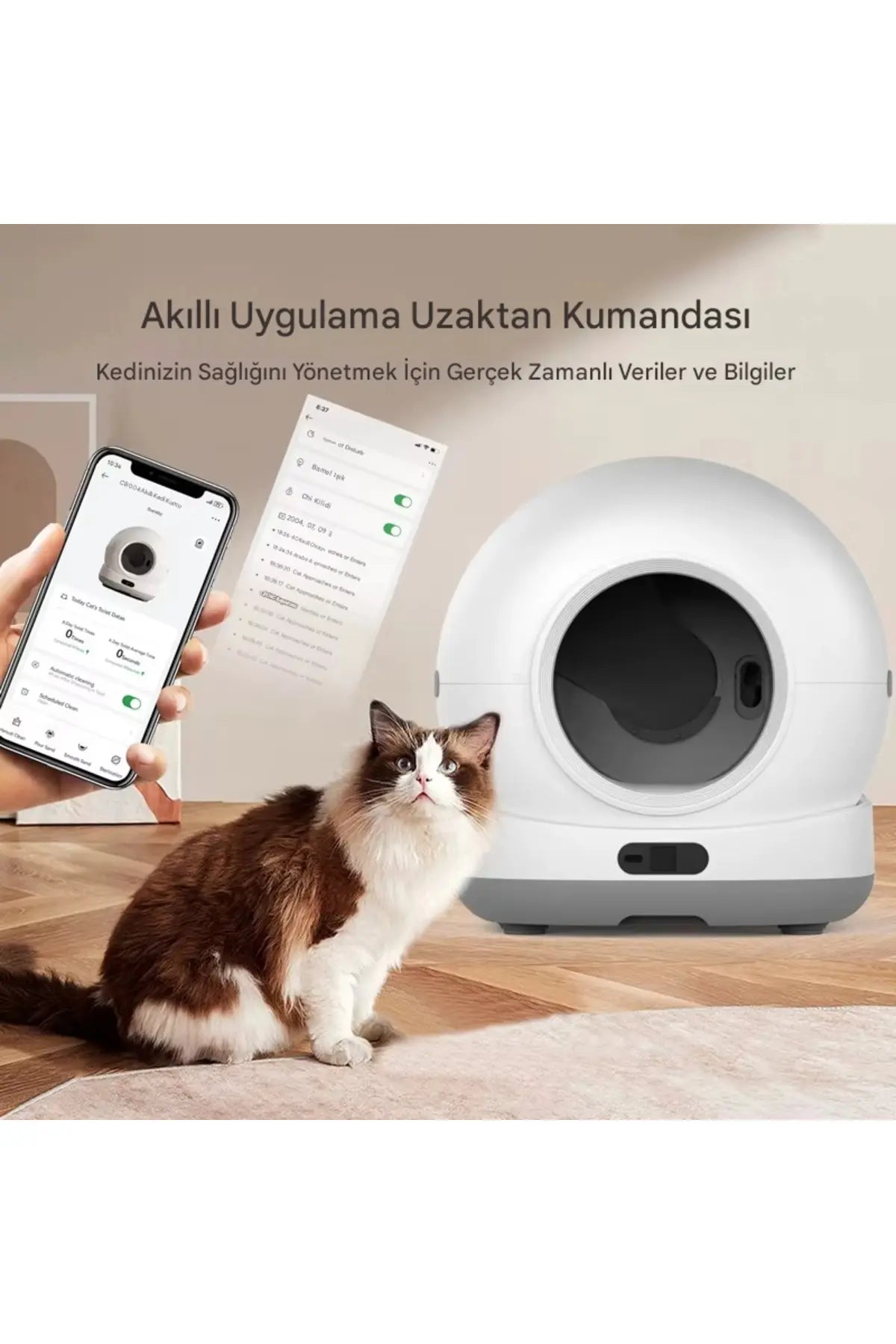 CB001 Akıllı Otomatik Kedi Tuvaleti, APP ile Kontrol, 75lt İç Hazne, 7lt Çöp Haznesi