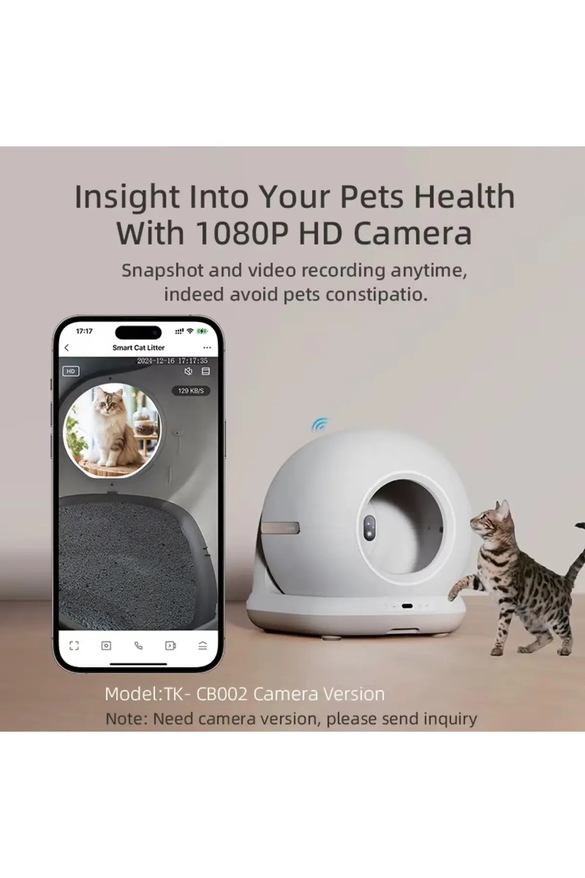 CB001 Akıllı Otomatik Kedi Tuvaleti, APP ile Kontrol, 75lt İç Hazne, 7lt Çöp Haznesi