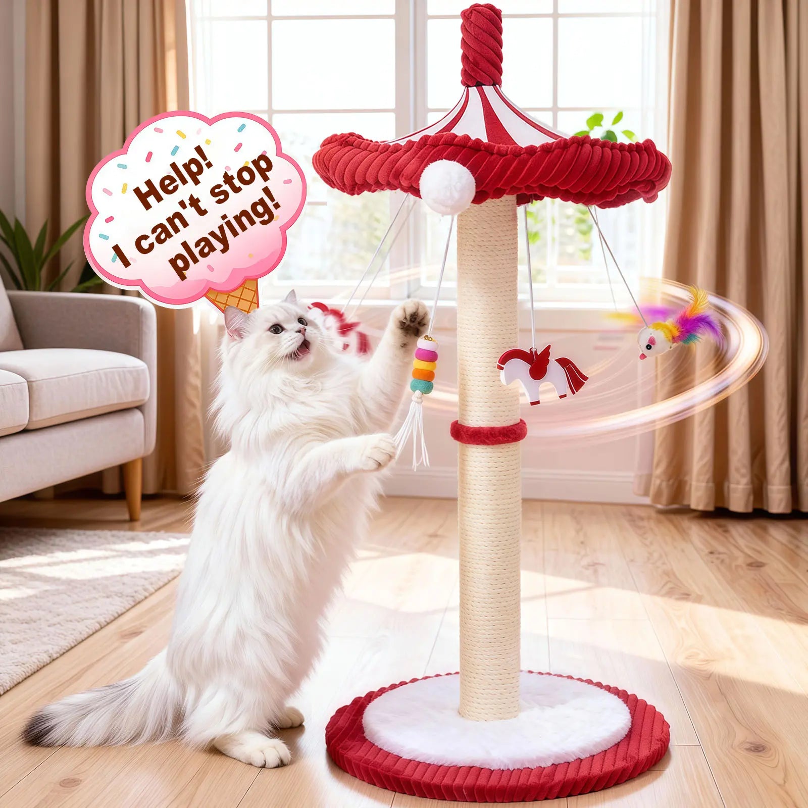 Carousel Sisal Cat Scratching Post,Cat Stuff ,Circus Umbrella Inter Active Toy Cat Tree for Indoor Kitten Adult Cats