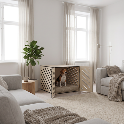 Ahşap Köpek Kulübesi (İç mekan) – Premium Huş Kontrplak, Minder Dahil, Modern Köpek Evi