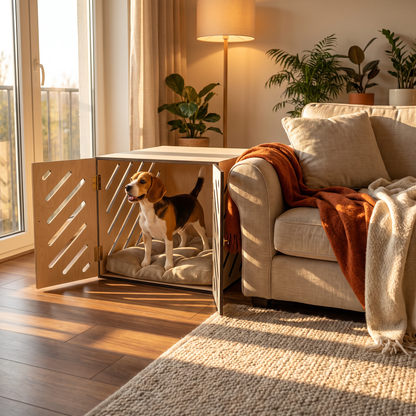 Ahşap Köpek Kulübesi (İç mekan) – Premium Huş Kontrplak, Minder Dahil, Modern Köpek Evi