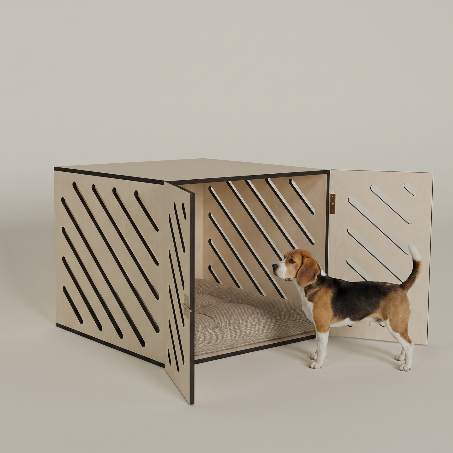 Ahşap Köpek Kulübesi (İç mekan) – Premium Huş Kontrplak, Minder Dahil, Modern Köpek Evi