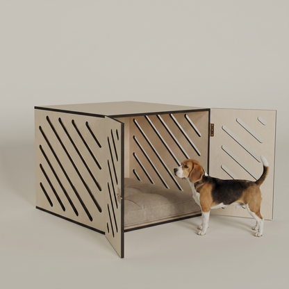 Ahşap Köpek Kulübesi (İç mekan) – Premium Huş Kontrplak, Minder Dahil, Modern Köpek Evi