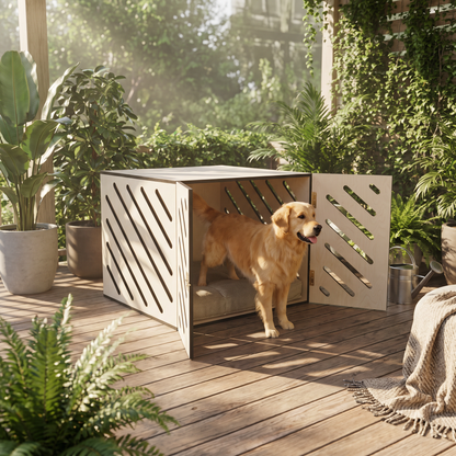 Ahşap Köpek Kulübesi (İç mekan) – Premium Huş Kontrplak, Minder Dahil, Modern Köpek Evi