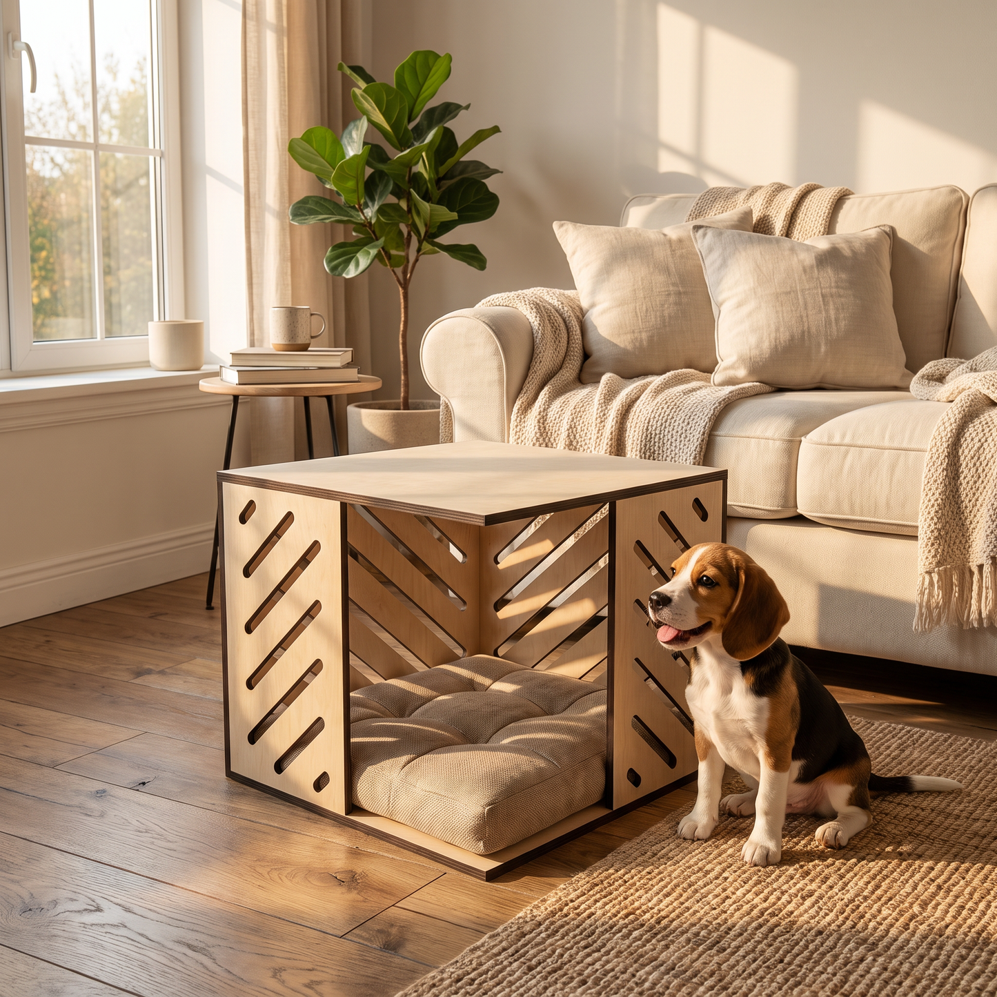 Modern Huş Kontrplak Kedi & Köpek Evi – Minderli, İç Mekan Pet Kulübesi, Minimal Ahşap Tasarım