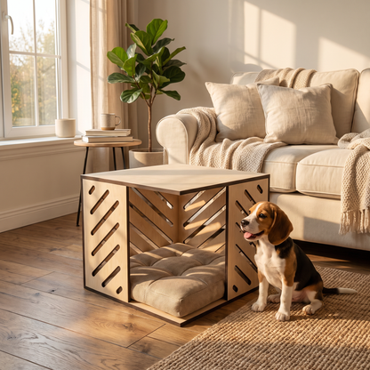Modern Huş Kontrplak Kedi & Köpek Evi – Minderli, İç Mekan Pet Kulübesi, Minimal Ahşap Tasarım