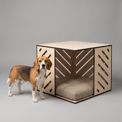 Modern Huş Kontrplak Kedi & Köpek Evi – Minderli, İç Mekan Pet Kulübesi, Minimal Ahşap Tasarım
