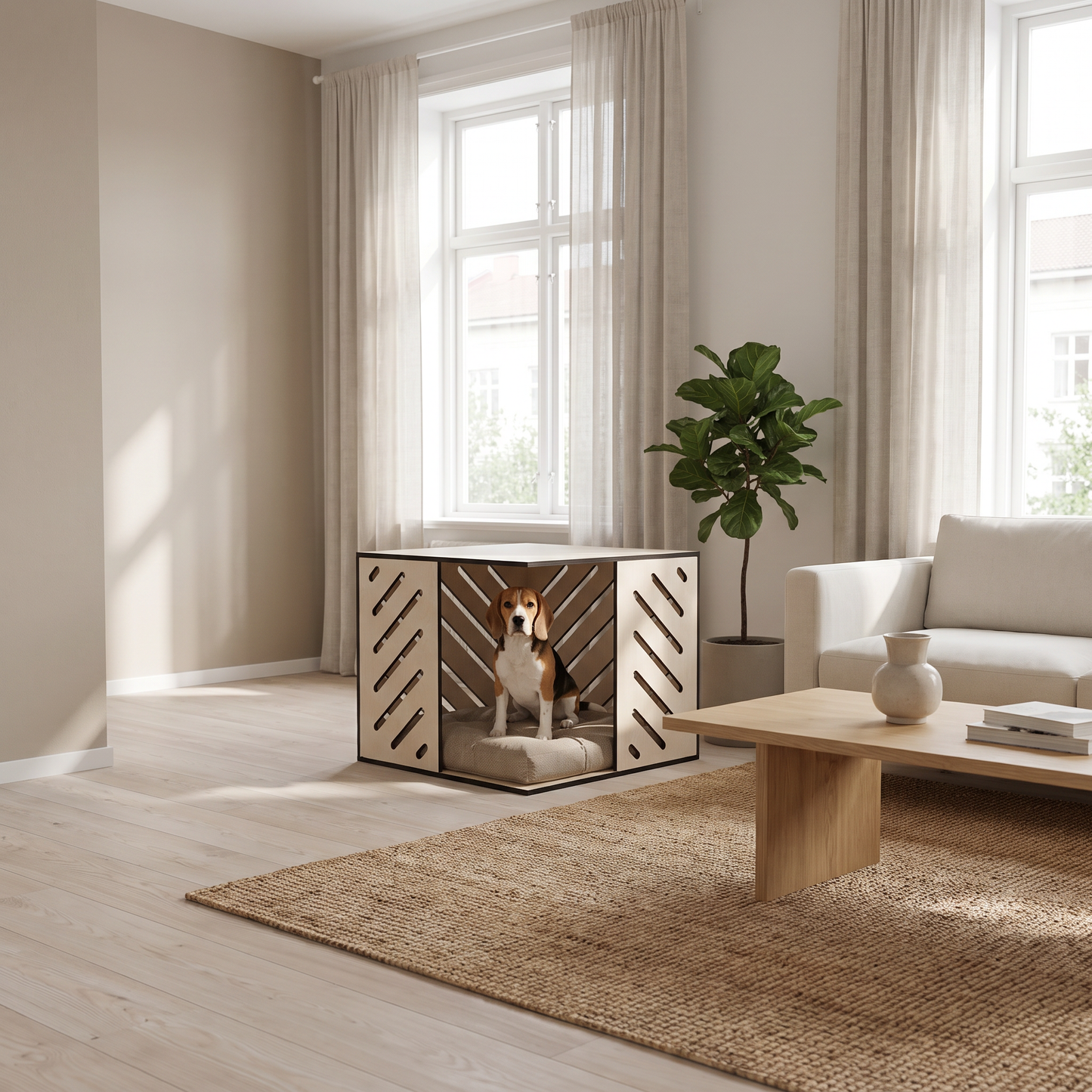 Modern Huş Kontrplak Kedi & Köpek Evi – Minderli, İç Mekan Pet Kulübesi, Minimal Ahşap Tasarım