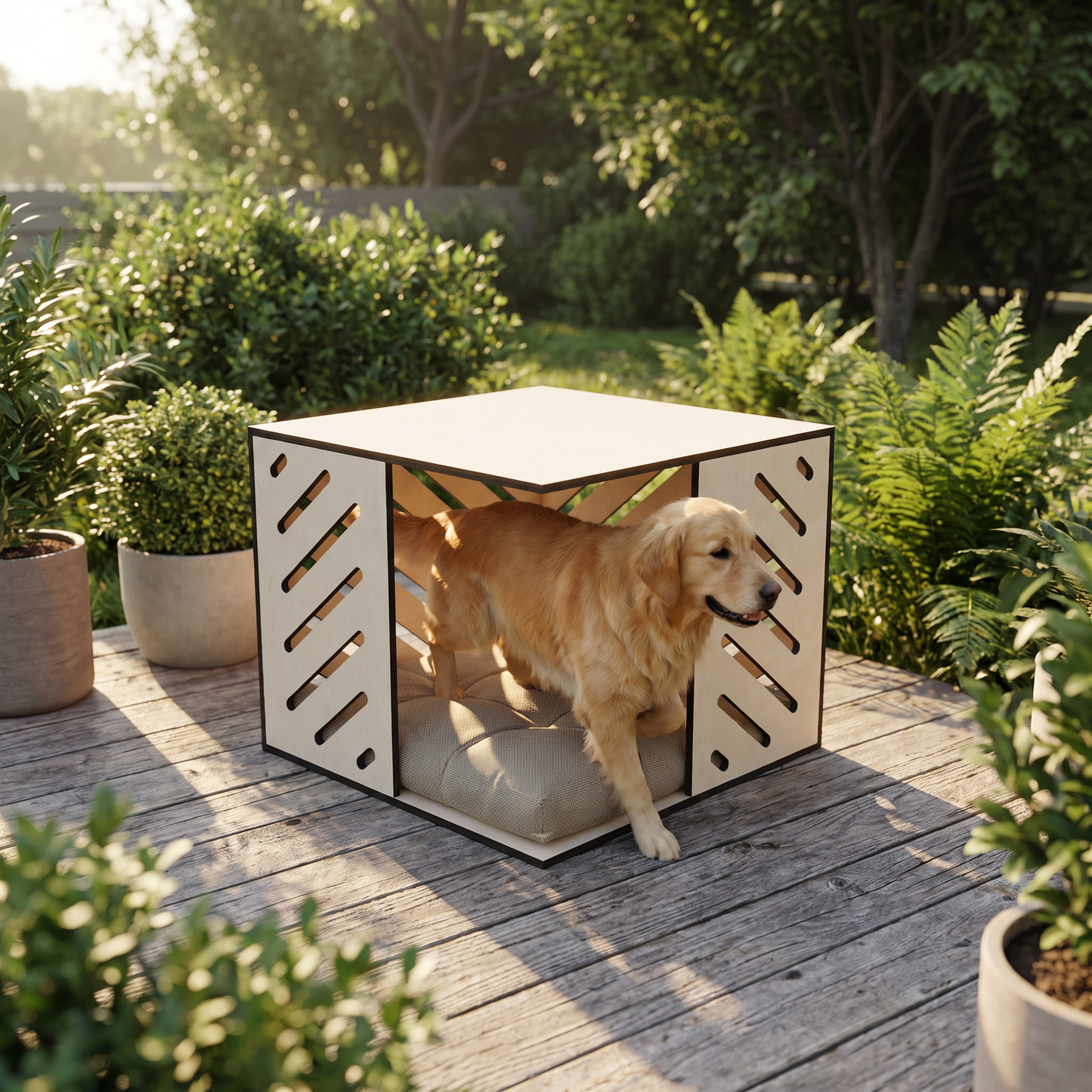 Modern Huş Kontrplak Kedi & Köpek Evi – Minderli, İç Mekan Pet Kulübesi, Minimal Ahşap Tasarım
