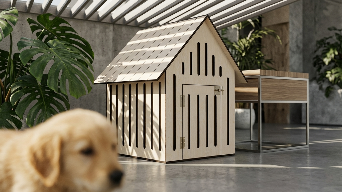 Minimalist Ahşap Köpek Evi | Modern İç Mekan Pet House, Minderli, Huş Kontrplak