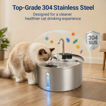 Sovelivee 3.5L 304 Stainless Steel Cat Water Fountain for Cats & Small Dogs, Dual Flow Pet Water Dispenser with Water Level Window & Low-Water Alert& Dry-Run Protection