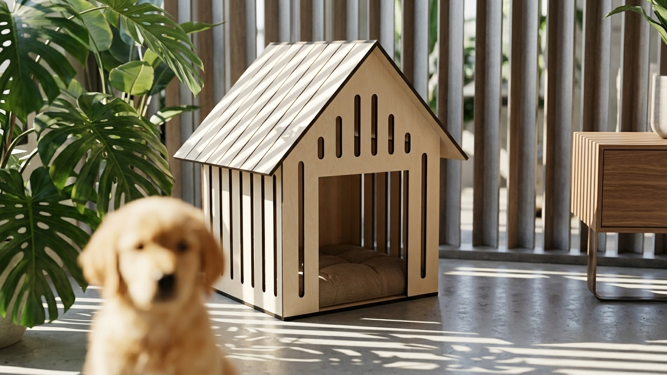 Ahşap Köpek Kulübesi (Indoor) – Minderli, Huş Kontrplak, Modern Tasarım Pet Evi