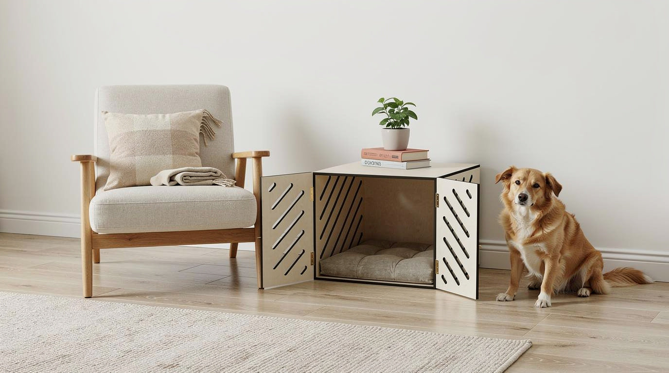 Ahşap Köpek Kulübesi (İç mekan) – Premium Huş Kontrplak, Minder Dahil, Modern Köpek Evi