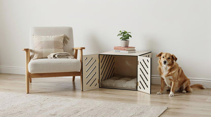 Ahşap Köpek Kulübesi (İç mekan) – Premium Huş Kontrplak, Minder Dahil, Modern Köpek Evi