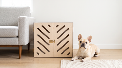 Ahşap Köpek Kulübesi (İç mekan) – Premium Huş Kontrplak, Minder Dahil, Modern Köpek Evi
