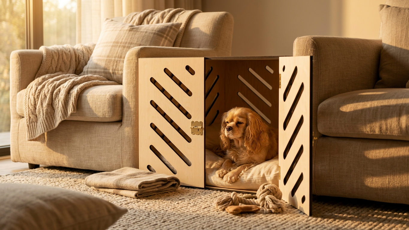 Ahşap Köpek Kulübesi (İç mekan) – Premium Huş Kontrplak, Minder Dahil, Modern Köpek Evi