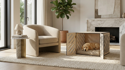 Ahşap Köpek Kulübesi (İç mekan) – Premium Huş Kontrplak, Minder Dahil, Modern Köpek Evi