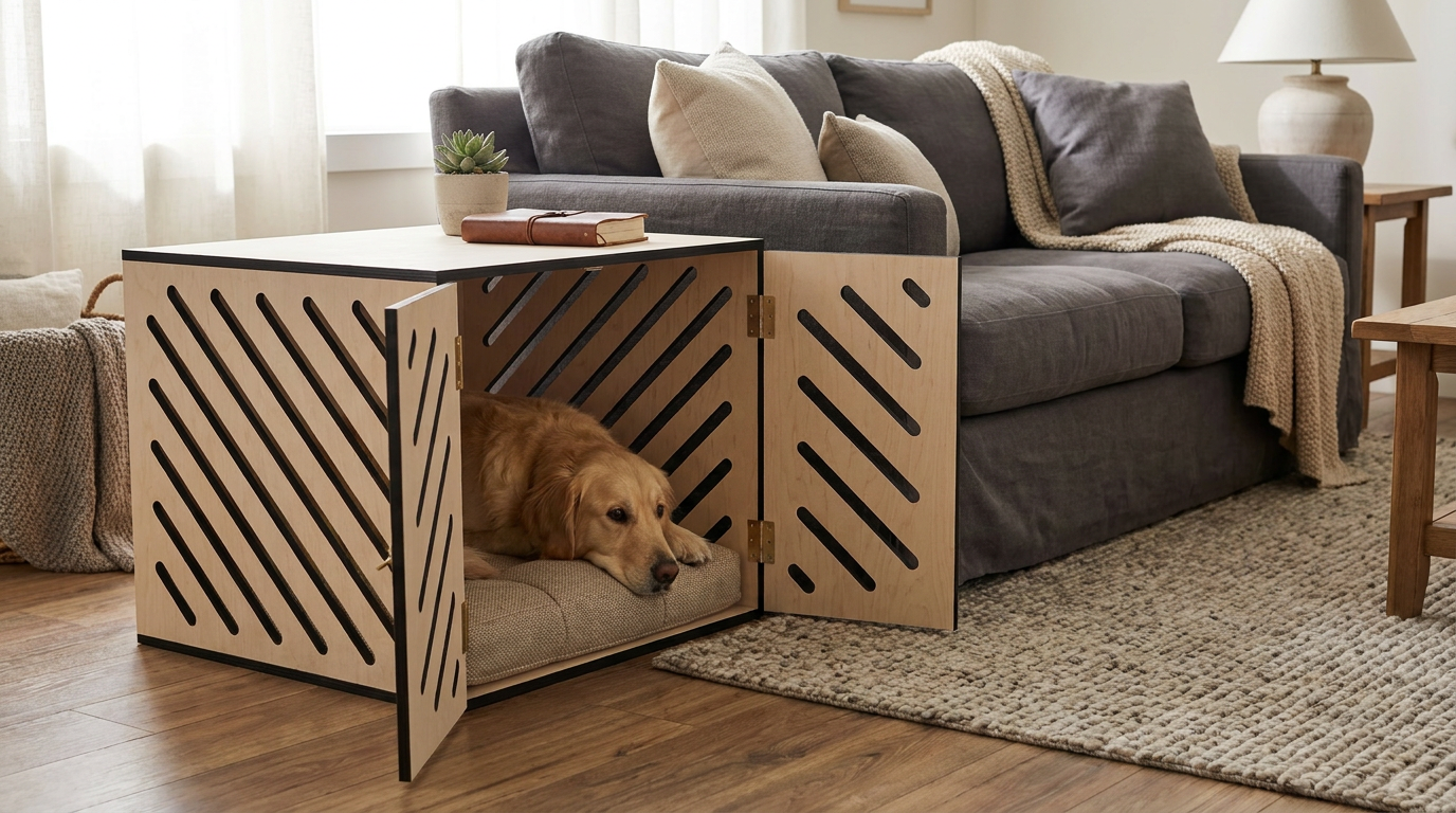 Ahşap Köpek Kulübesi (İç mekan) – Premium Huş Kontrplak, Minder Dahil, Modern Köpek Evi