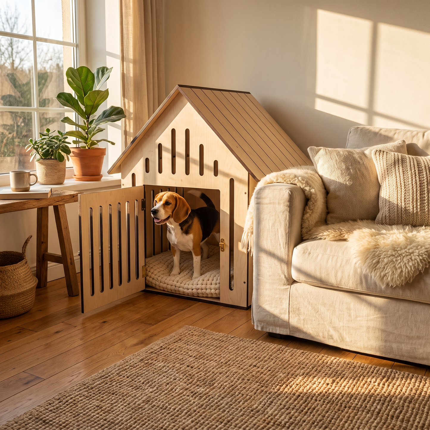 Minimalist Ahşap Köpek Evi | Modern İç Mekan Pet House, Minderli, Huş Kontrplak