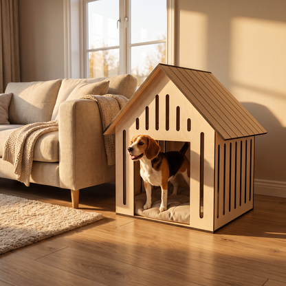 Ahşap Köpek Kulübesi (Indoor) – Minderli, Huş Kontrplak, Modern Tasarım Pet Evi