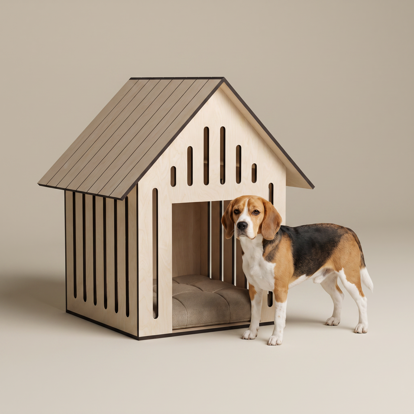 Ahşap Köpek Kulübesi (Indoor) – Minderli, Huş Kontrplak, Modern Tasarım Pet Evi