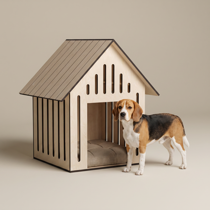Ahşap Köpek Kulübesi (Indoor) – Minderli, Huş Kontrplak, Modern Tasarım Pet Evi