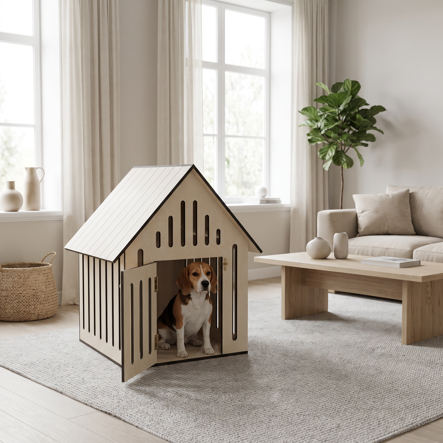 Minimalist Ahşap Köpek Evi | Modern İç Mekan Pet House, Minderli, Huş Kontrplak