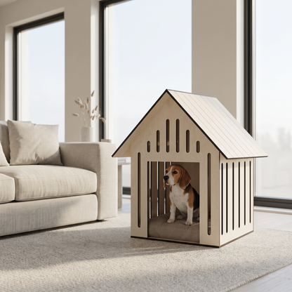 Ahşap Köpek Kulübesi (Indoor) – Minderli, Huş Kontrplak, Modern Tasarım Pet Evi