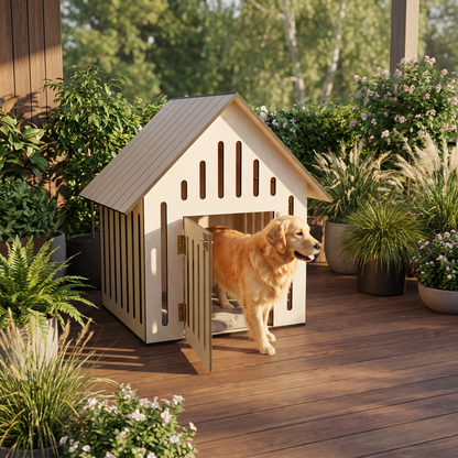 Minimalist Ahşap Köpek Evi | Modern İç Mekan Pet House, Minderli, Huş Kontrplak