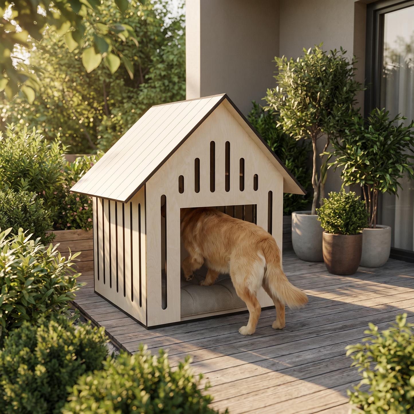 Ahşap Köpek Kulübesi (Indoor) – Minderli, Huş Kontrplak, Modern Tasarım Pet Evi