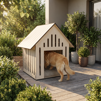 Ahşap Köpek Kulübesi (Indoor) – Minderli, Huş Kontrplak, Modern Tasarım Pet Evi