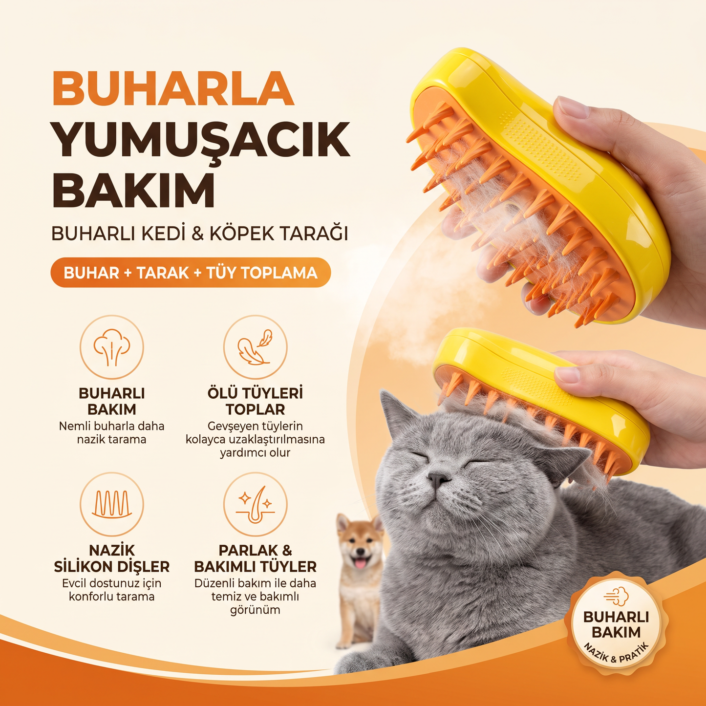 Buharlı Kedi Köpek Tarağı | Tüy Toplayıcı ve Masaj Etkili Bakım Fırçası
