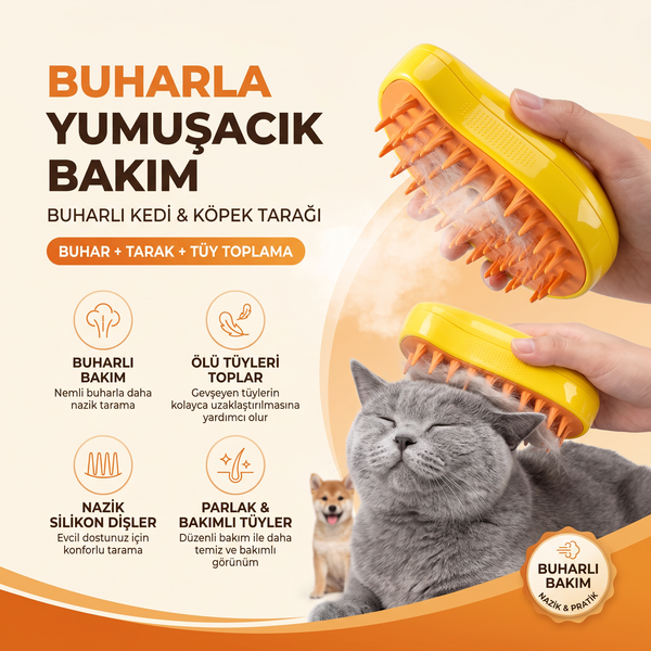 Buharlı Kedi Köpek Tarağı | Tüy Toplayıcı ve Masaj Etkili Bakım Fırçası