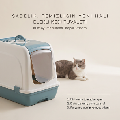 Orta Boy - Elekli Kedi Tuvaleti | Kapalı Tasarım & Kolay Kum Ayırma Sistemi - 40 x 56 x 46 cm