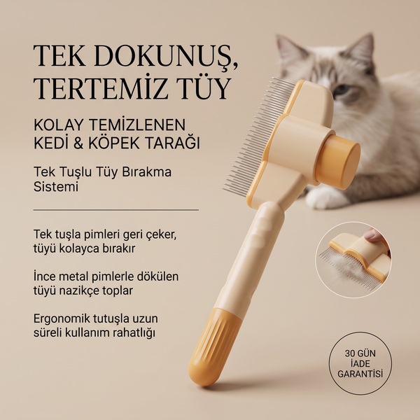 Kendini Temizleyen Kedi Köpek Tarağı – Tüy Toplayıcı & Kıtık Açıcı