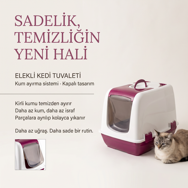 Küçük Boy - Elekli Kedi Tuvaleti Bordo | Kapalı Tasarım & Kolay Kum Ayırma Sistemi - 37x40x40