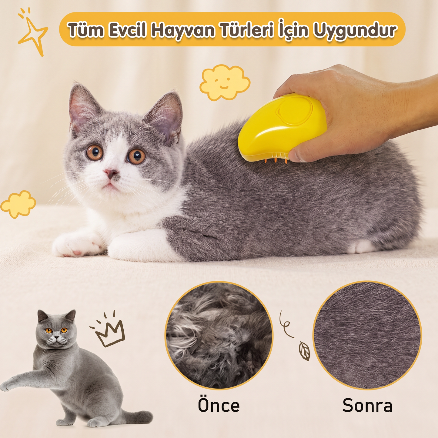 Buharlı Kedi Köpek Tarağı | Tüy Toplayıcı ve Masaj Etkili Bakım Fırçası