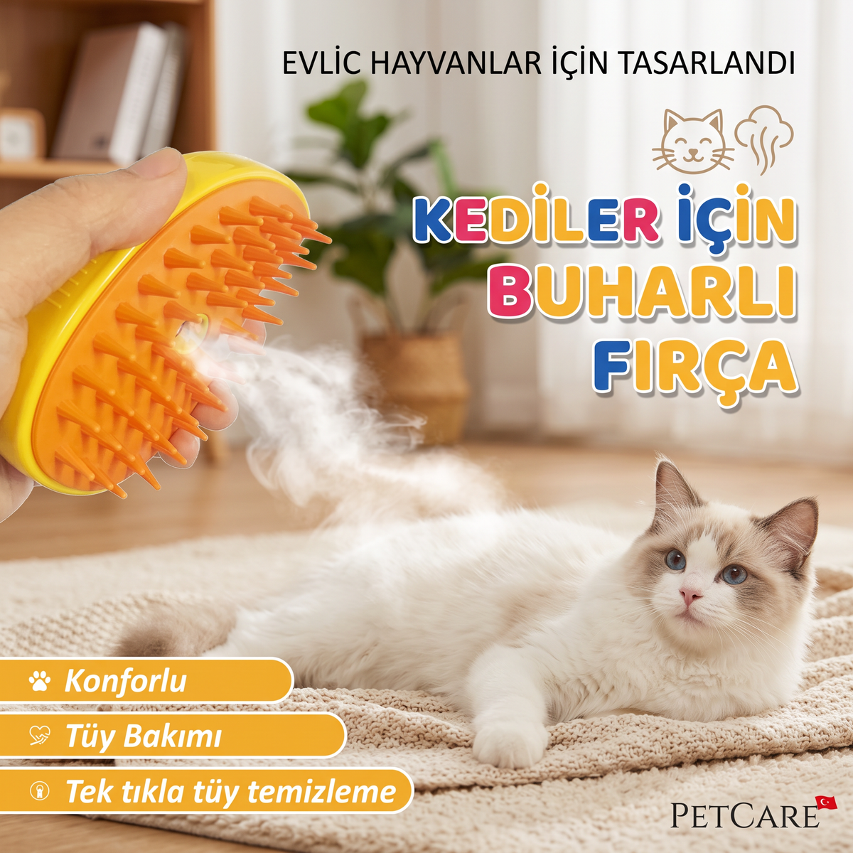 Buharlı Kedi Köpek Tarağı | Tüy Toplayıcı ve Masaj Etkili Bakım Fırçası