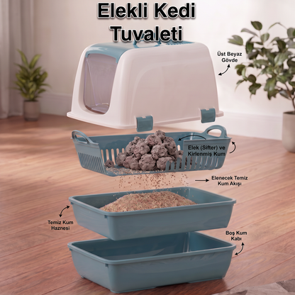 Orta Boy - Elekli Kedi Tuvaleti | Kapalı Tasarım & Kolay Kum Ayırma Sistemi - 40 x 56 x 46 cm