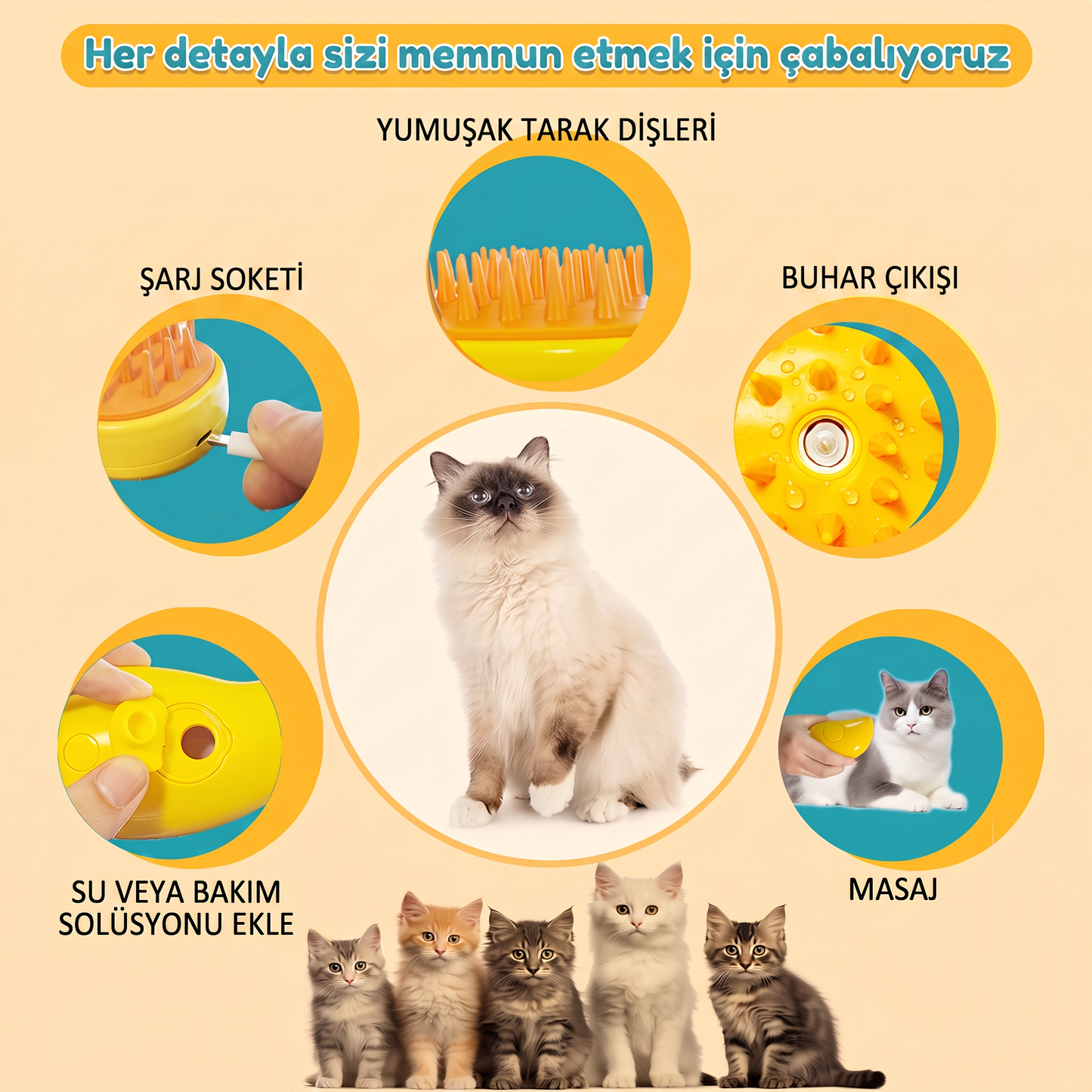 Buharlı Kedi Köpek Tarağı | Tüy Toplayıcı ve Masaj Etkili Bakım Fırçası