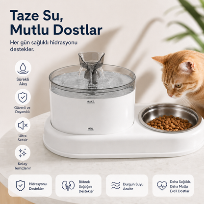 2'si 1 Arada Kedi Köpek Su Çeşmesi & Mama Kabı | Otomatik Su Pınarı