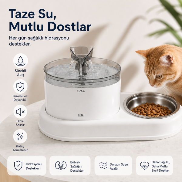 2'si 1 Arada Kedi Köpek Su Çeşmesi & Mama Kabı | Otomatik Su Pınarı