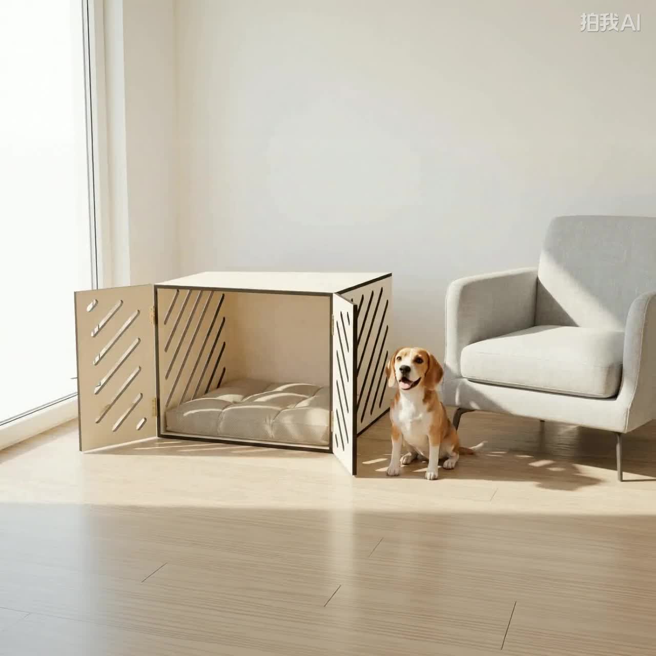 Ahşap Köpek Kulübesi (İç mekan) – Premium Huş Kontrplak, Minder Dahil, Modern Köpek Evi