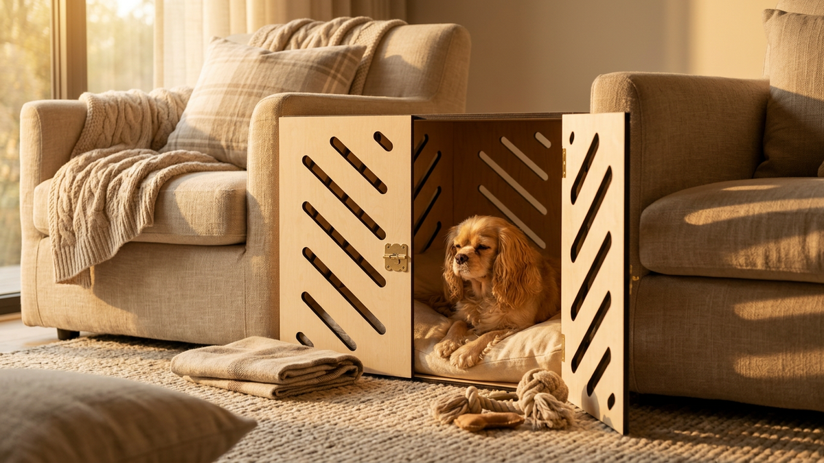 Jolly Tails modern ahşap köpek kulübesi ve konforlu köpek yatağı
