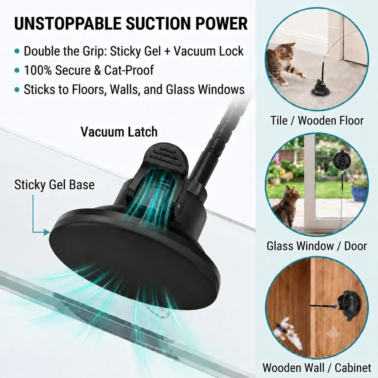 2-In-1 Interactive Cat Toy with Super Strong Suction Base, Dual Mode Hands-Free Wand & 4 Pack Colorful Feather Birds for Solo & Bonding Play